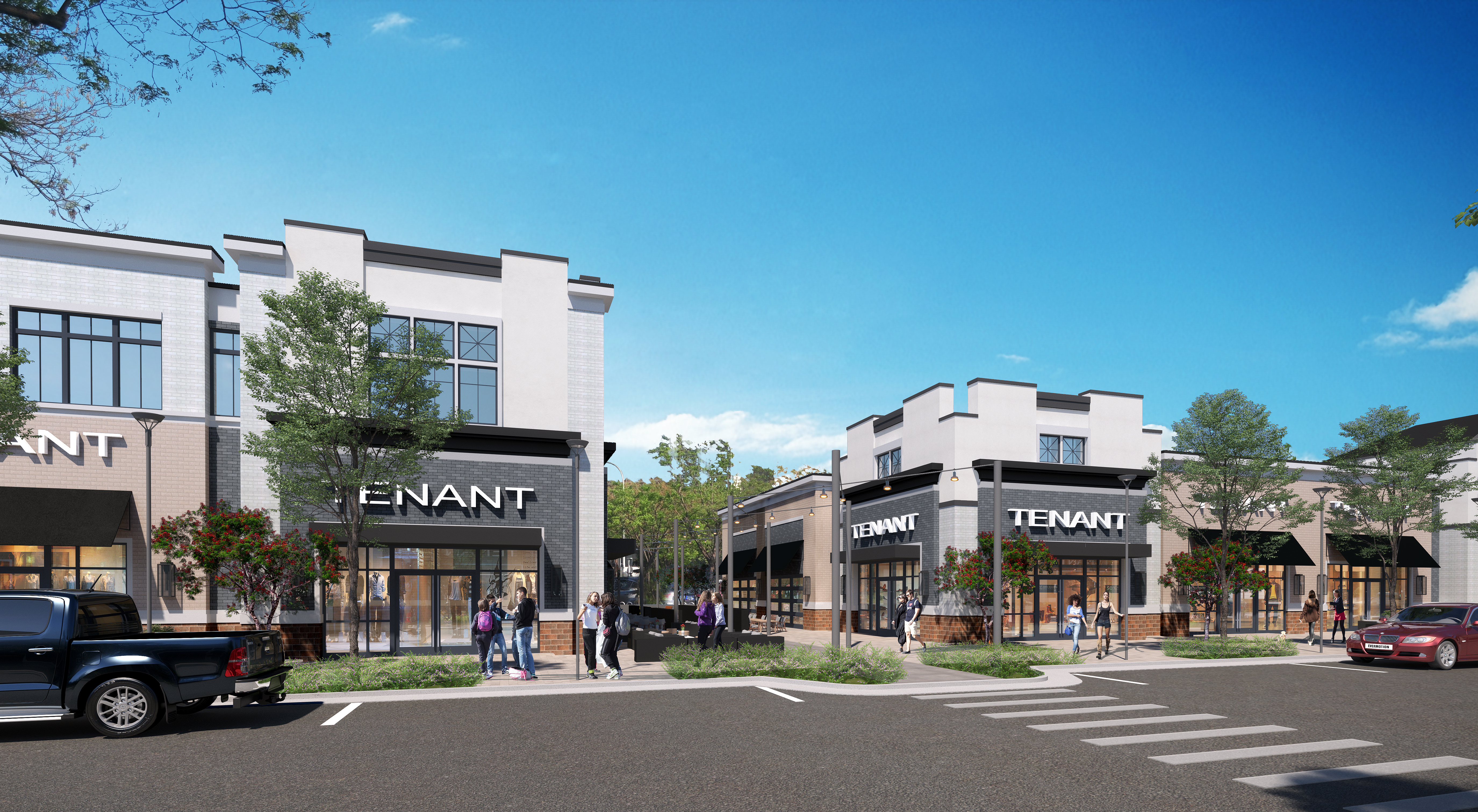 sewarts landing retail store fronts street crosswalk road trees